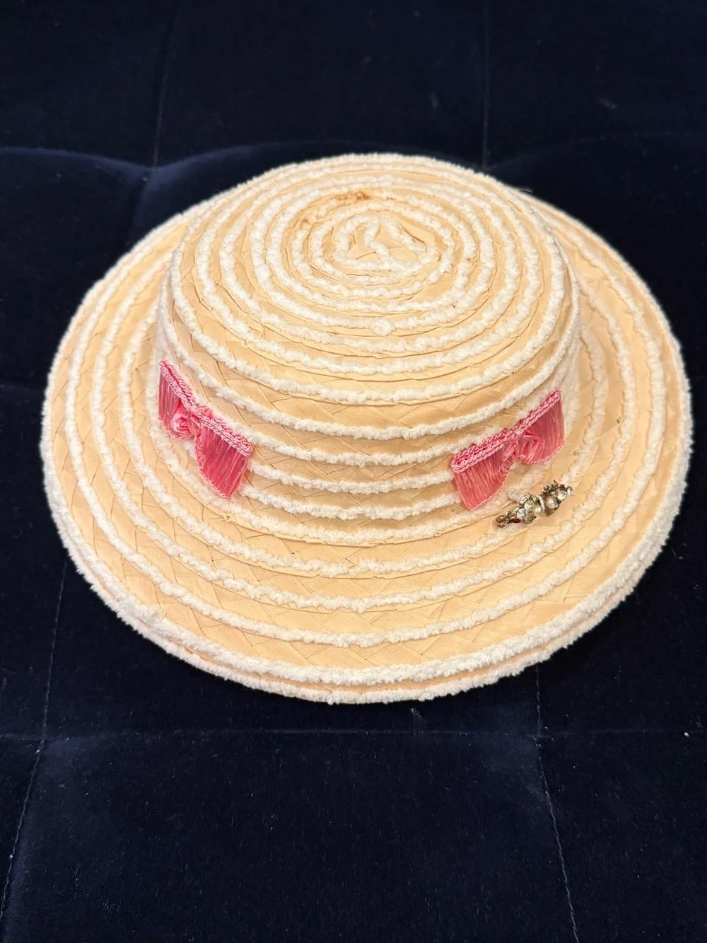 Vintage Straw Women's Hat with Pink Bows and Pin Made in Italy